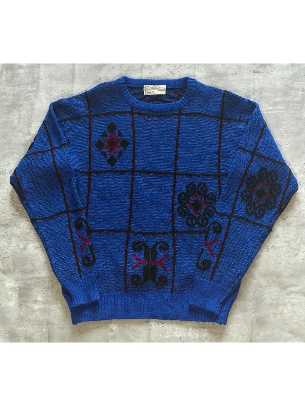 90’s Christian Dior Vintage Blue Wool Sweater Pattern Size L